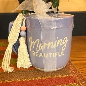 NWT Morning Beautiful Purple Mug by Sunday Morning Ceramics w/ Macrame Keychain
